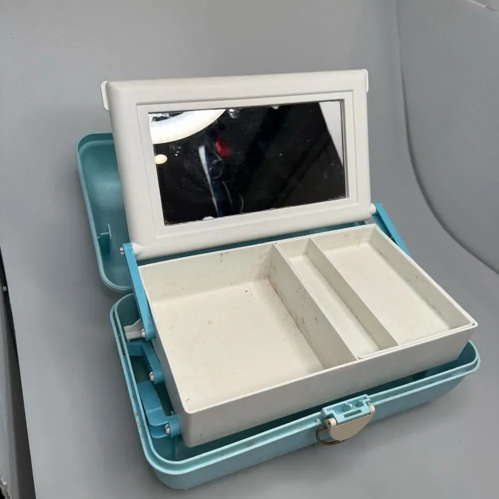 Caboodles Vintage 90s Makeup Case Blue Marble 2 Tier Tray Mirror GUC